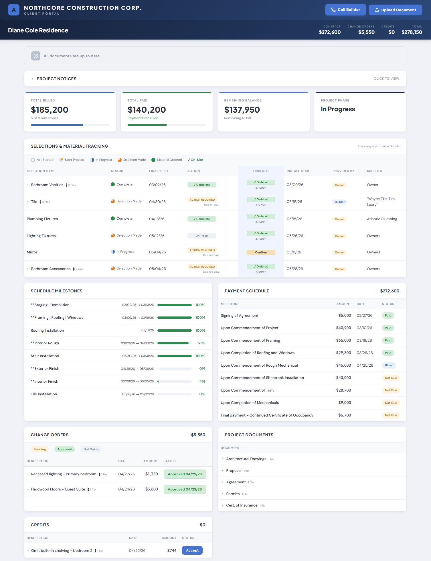 Client Portal full view - schedule, financials, selections, payments, change orders, documents, and notices in one branded portal