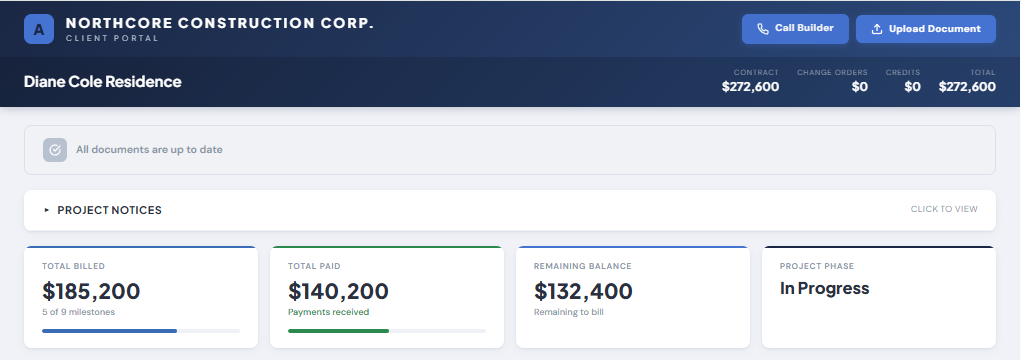 Client Portal KPI cards - days remaining, payment progress, open selections